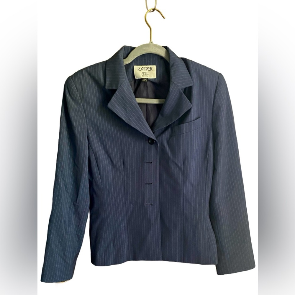 Kasper ASL | Petite Blue Grey Striped Suit Jacket